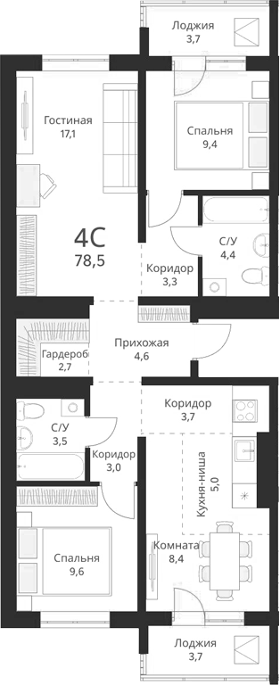 Планировка — Виноград, 4-комн., 75 м²