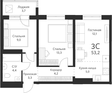 Планировка — Виноград, 3-комн., 51 м²