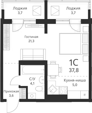 Планировка — Виноград, Студия, 34 м²