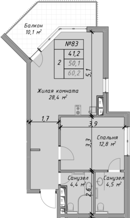 Планировка — Оазис Азова, 2-комн., 50 м²