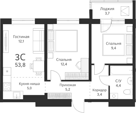 Планировка — Виноград, 3-комн., 52 м²