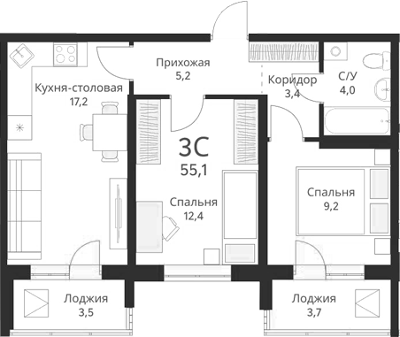 Планировка — Виноград, 2-комн., 52 м²
