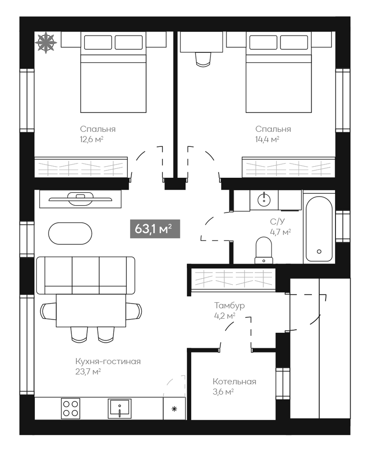 Планировка — Коттеджный поселок Шервуд, 2-комн., 63 м²