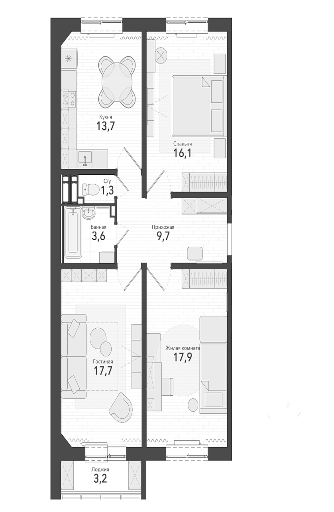 Планировка — Околица, 3-комн., 80 м²