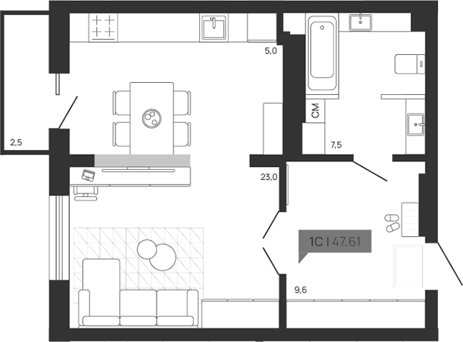 Планировка — Зоркий парк, Студия, 45 м²