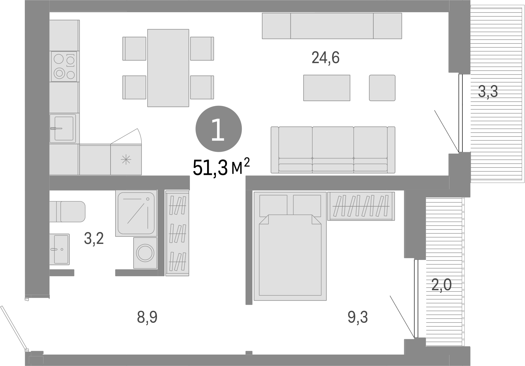 Планировка — Европейский берег, 1-комн., 46 м²