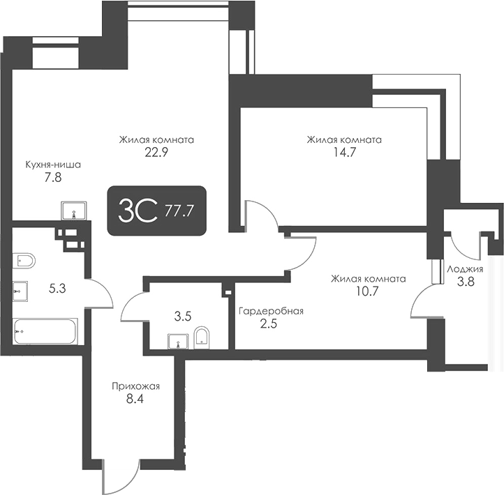 Планировка — Сити Тауэрс, 3-комн., 76 м²