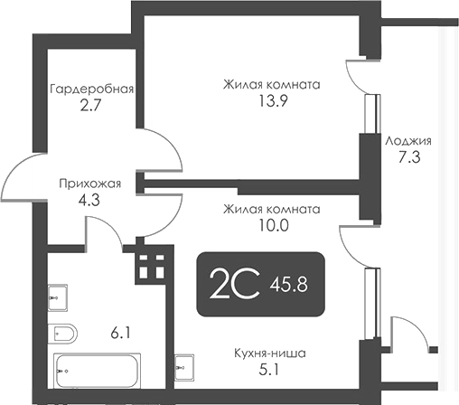 Планировка — Сити Тауэрс, 2-комн., 42 м²