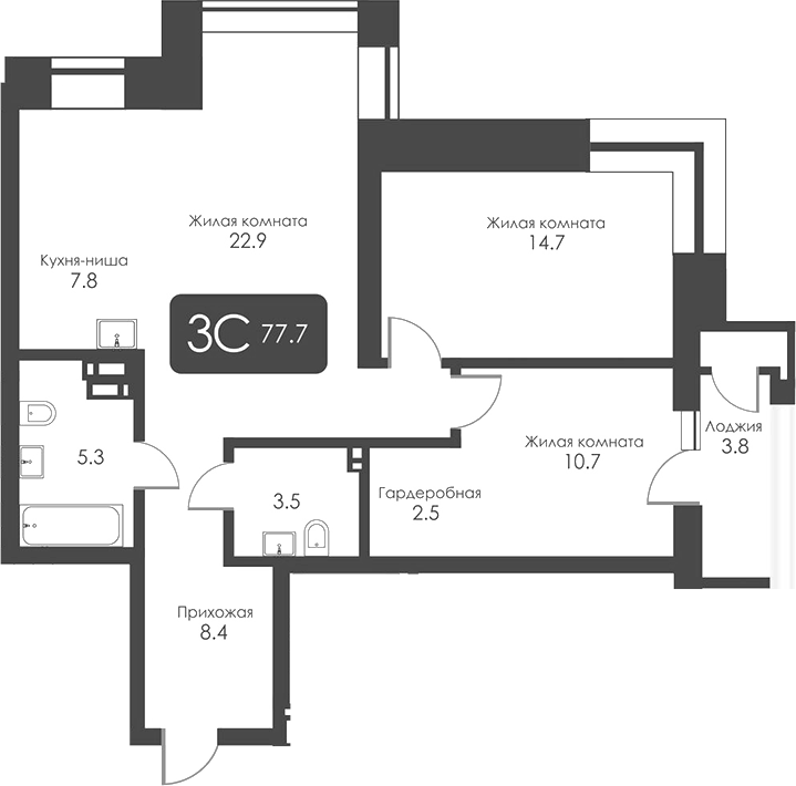 Планировка — Сити Тауэрс, 3-комн., 76 м²