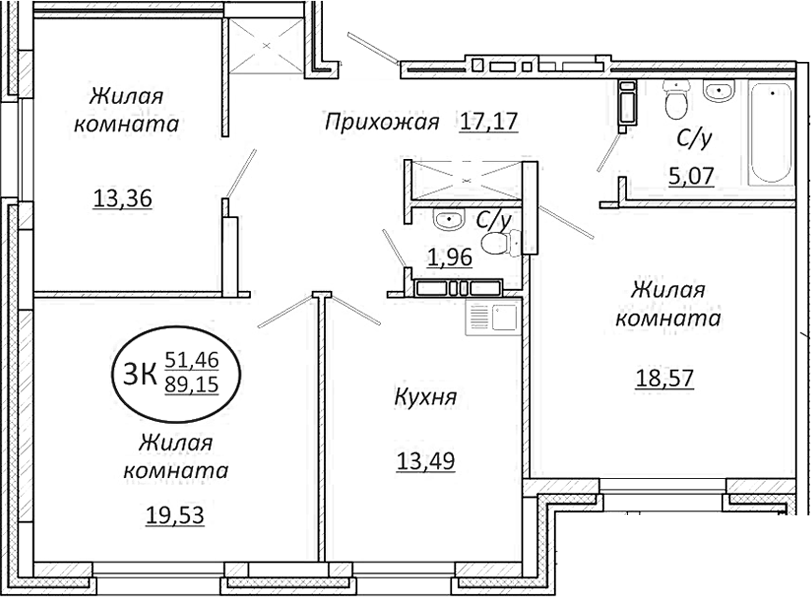 Планировка — Пролетарский, 3-комн., 89 м²