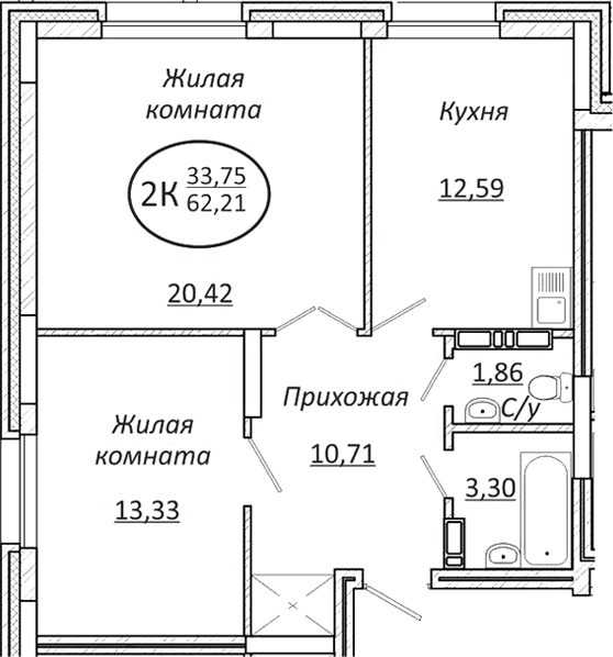 Планировка — Пролетарский, 2-комн., 62 м²