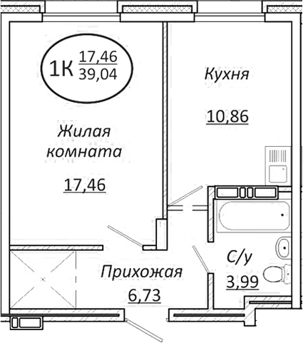 Планировка — Пролетарский, 1-комн., 39 м²