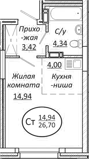 Планировка — Пролетарский, Студия, 27 м²