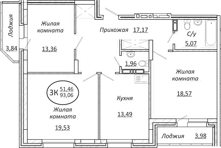 Планировка — Пролетарский, 3-комн., 89 м²