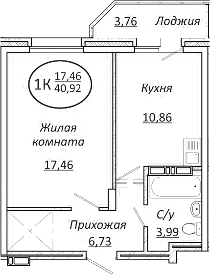 Планировка — Пролетарский, 1-комн., 39 м²