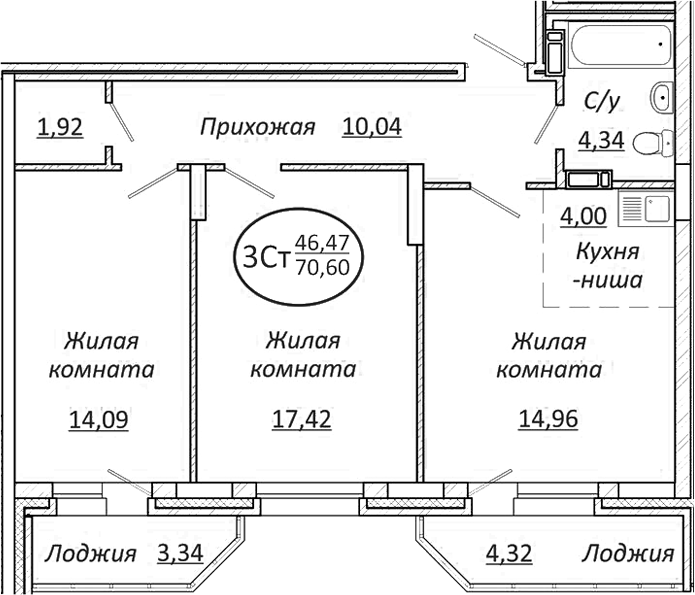 Планировка — Пролетарский, 3-комн., 67 м²