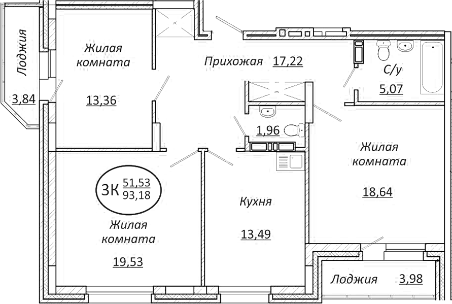 Планировка — Пролетарский, 3-комн., 89 м²