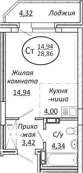 Планировка — Пролетарский, Студия, 27 м²