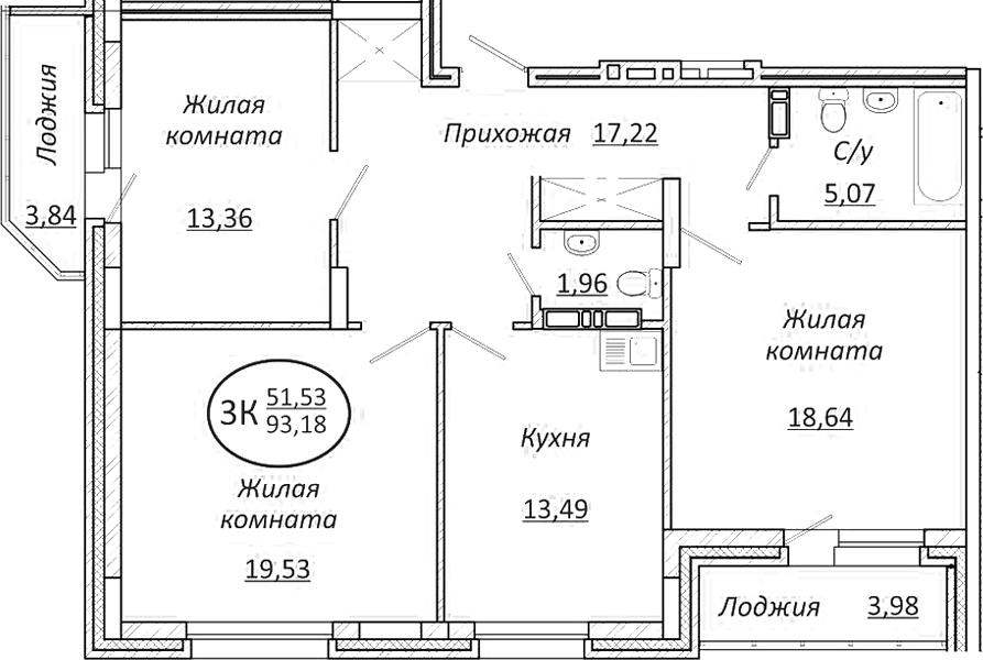 Планировка — Пролетарский, 3-комн., 89 м²