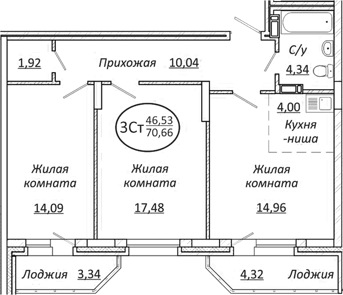 Планировка — Пролетарский, 3-комн., 67 м²