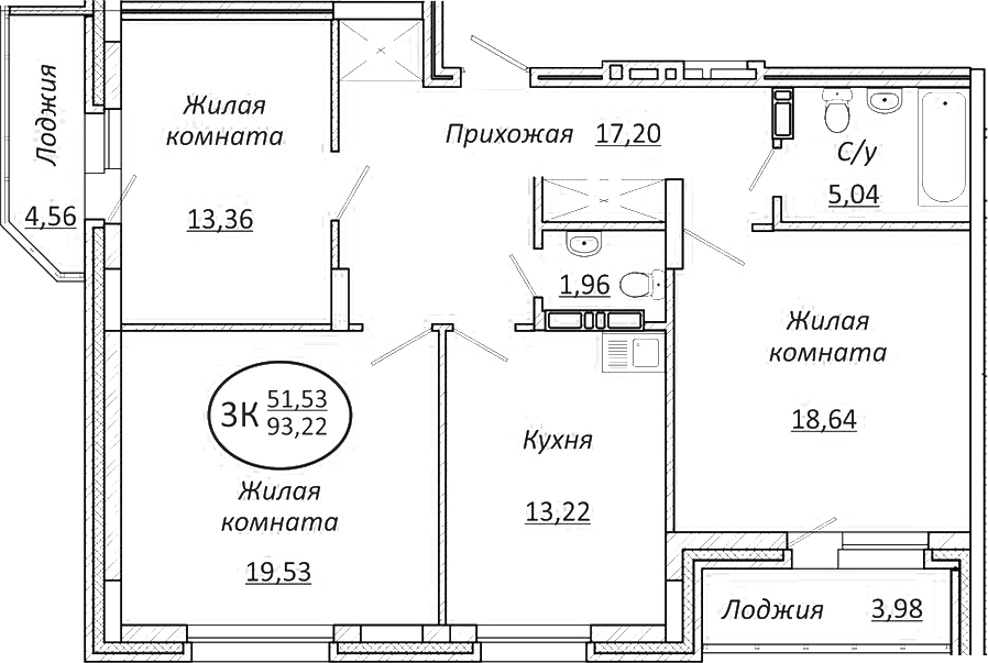 Планировка — Пролетарский, 3-комн., 89 м²