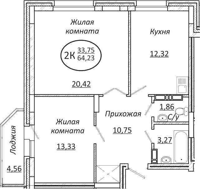 Планировка — Пролетарский, 2-комн., 62 м²