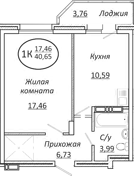 Планировка — Пролетарский, 1-комн., 39 м²