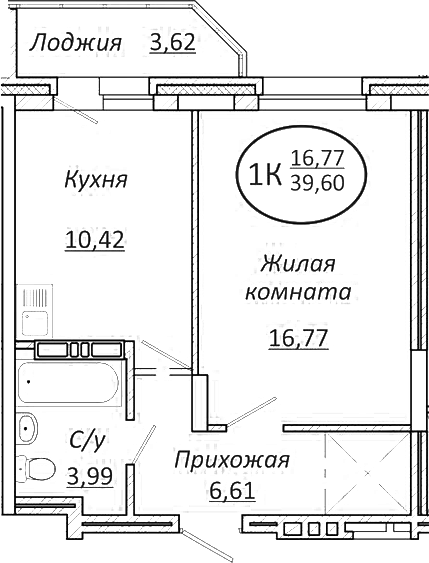 Планировка — Пролетарский, 1-комн., 38 м²