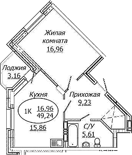 Планировка — КОМЕТА - ОКТЯБРЬСКИЙ, 1-комн., 48 м²