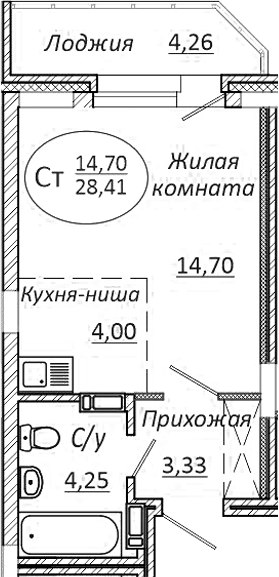 Планировка — КОМЕТА - ОКТЯБРЬСКИЙ, Студия, 26 м²