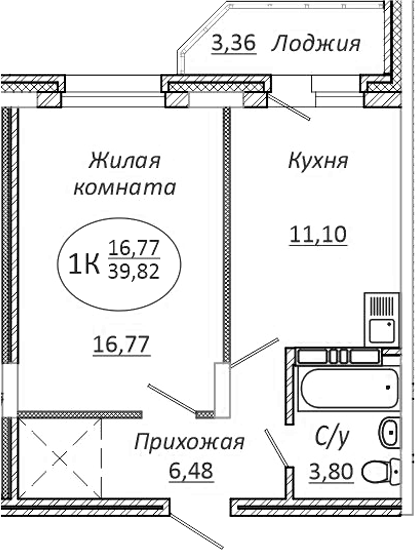 Планировка — КОМЕТА - ОКТЯБРЬСКИЙ, 1-комн., 38 м²