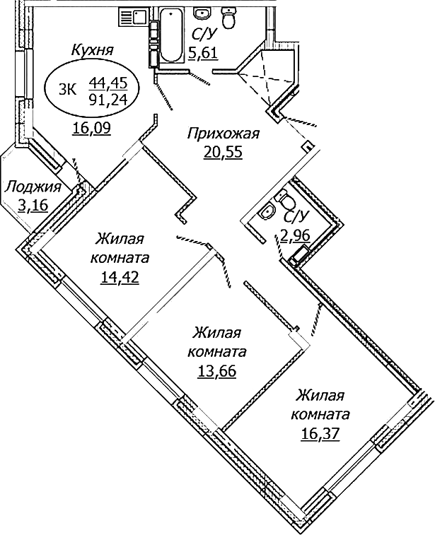 Планировка — КОМЕТА - ОКТЯБРЬСКИЙ, 3-комн., 90 м²