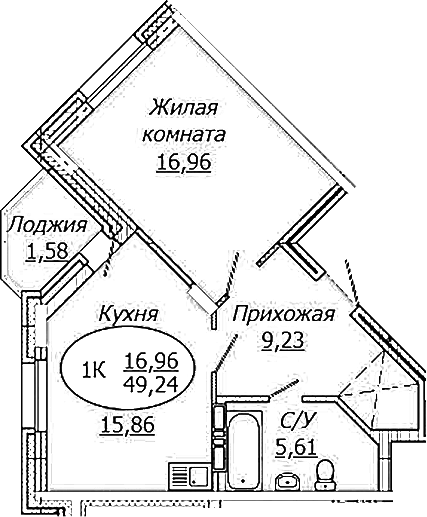 Планировка — КОМЕТА - ОКТЯБРЬСКИЙ, 1-комн., 48 м²