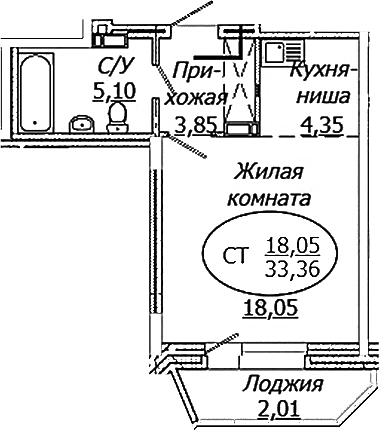 Планировка — КОМЕТА - ОКТЯБРЬСКИЙ, Студия, 31 м²