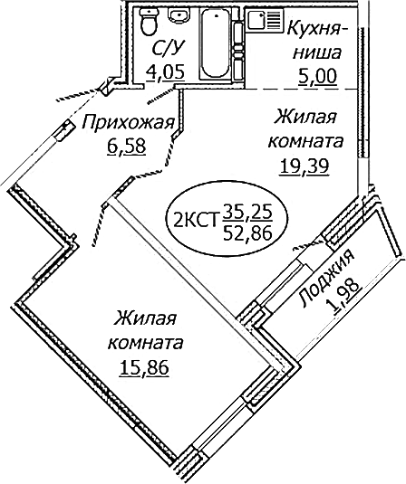 Планировка — КОМЕТА - ОКТЯБРЬСКИЙ, 2-комн., 51 м²
