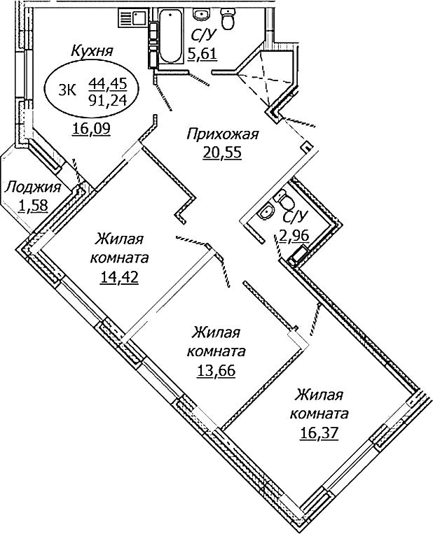 Планировка — КОМЕТА - ОКТЯБРЬСКИЙ, 3-комн., 90 м²