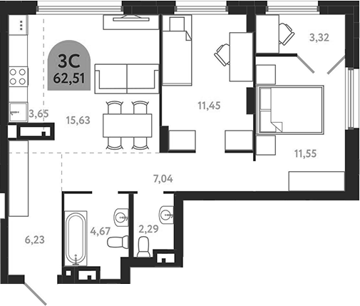 Планировка — Квартал 1604. Томск, 3-комн., 63 м²