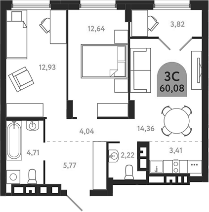 Планировка — Квартал 1604. Томск, 3-комн., 60 м²