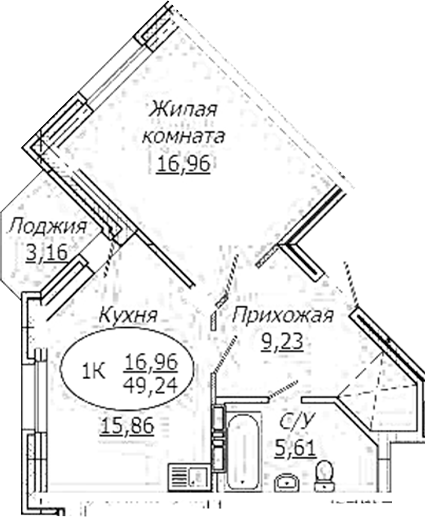 Планировка — КОМЕТА - ОКТЯБРЬСКИЙ, 1-комн., 48 м²