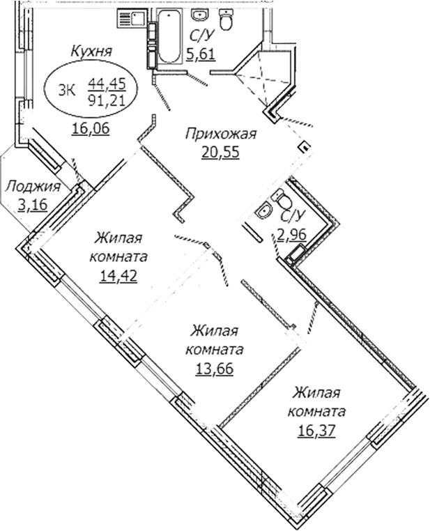 Планировка — КОМЕТА - ОКТЯБРЬСКИЙ, 3-комн., 90 м²