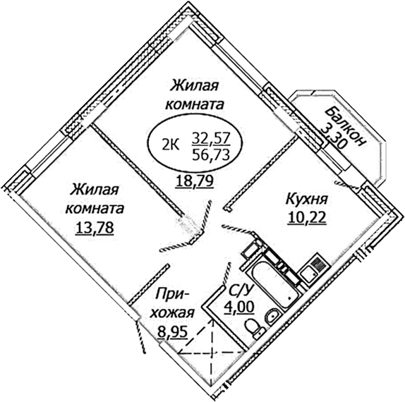 Планировка — КОМЕТА - ОКТЯБРЬСКИЙ, 2-комн., 56 м²