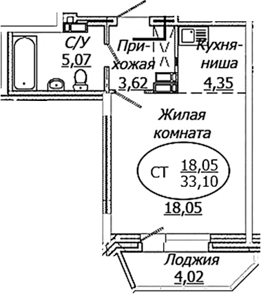 Планировка — КОМЕТА - ОКТЯБРЬСКИЙ, Студия, 31 м²