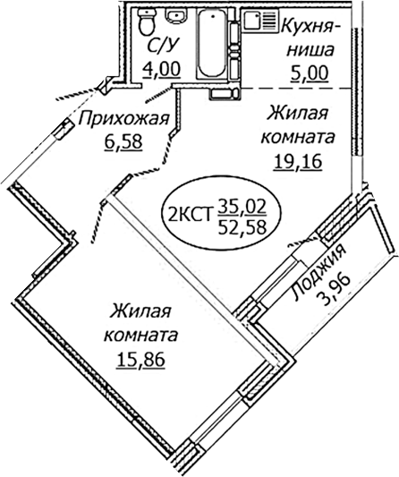 Планировка — КОМЕТА - ОКТЯБРЬСКИЙ, 2-комн., 51 м²