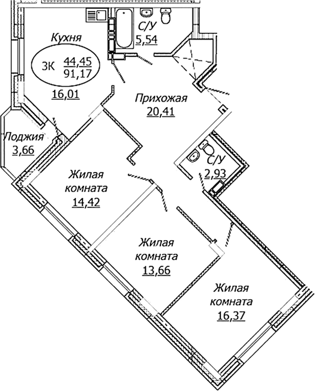 Планировка — КОМЕТА - ОКТЯБРЬСКИЙ, 3-комн., 89 м²