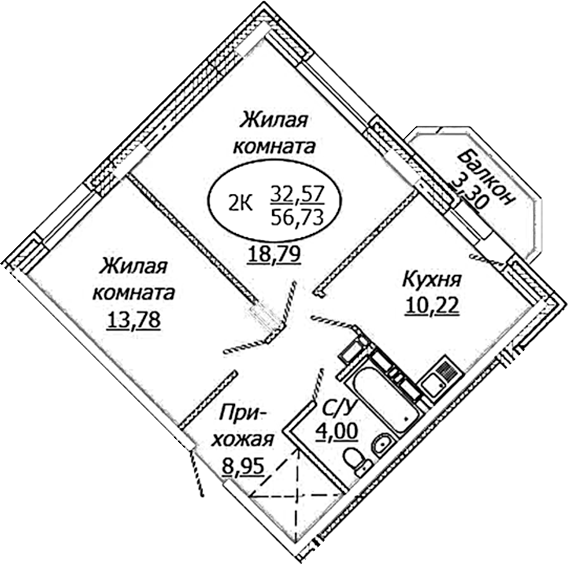 Планировка — КОМЕТА - ОКТЯБРЬСКИЙ, 2-комн., 56 м²