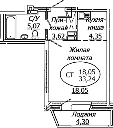 Планировка — КОМЕТА - ОКТЯБРЬСКИЙ, Студия, 31 м²