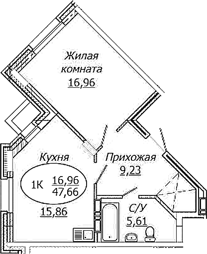 Планировка — КОМЕТА - ОКТЯБРЬСКИЙ, 1-комн., 48 м²