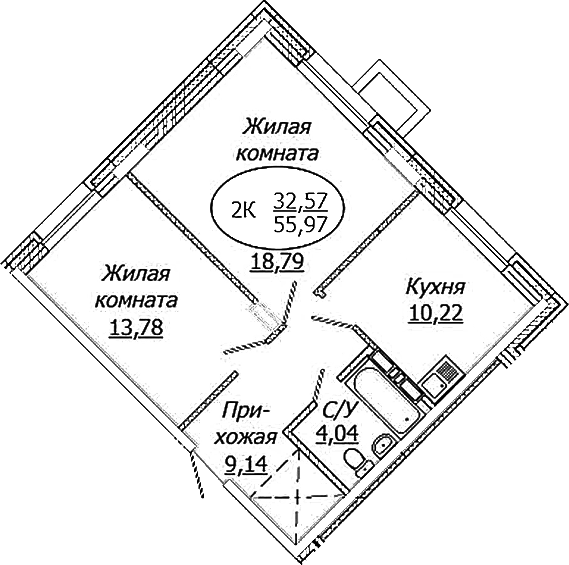 Планировка — КОМЕТА - ОКТЯБРЬСКИЙ, 2-комн., 56 м²