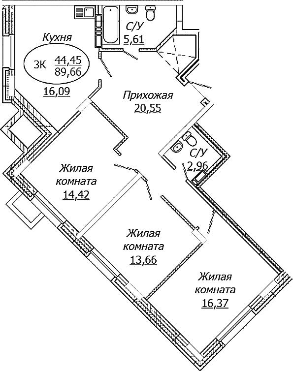 Планировка — КОМЕТА - ОКТЯБРЬСКИЙ, 3-комн., 90 м²
