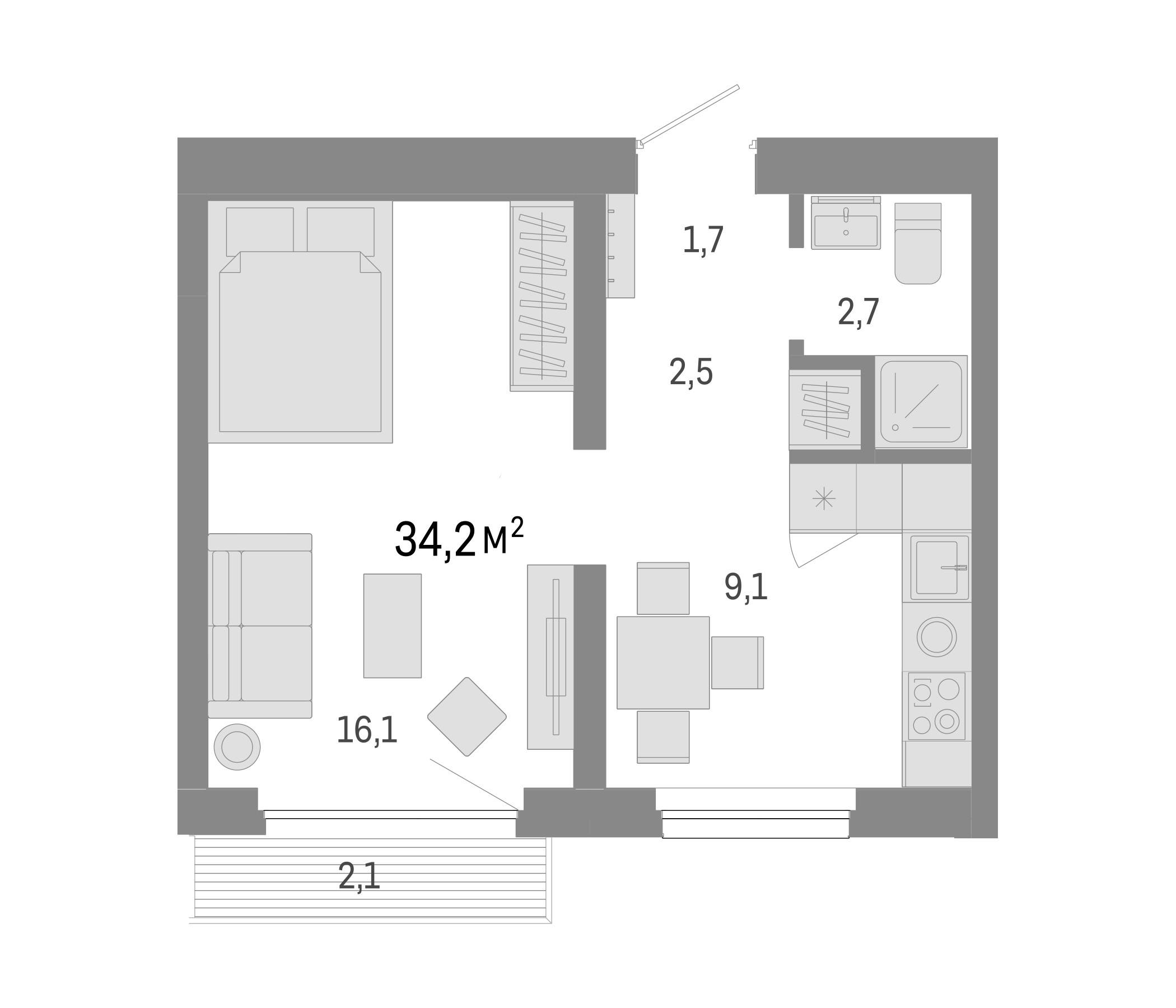 Планировка — Лебедевский, 1-комн., 32 м²